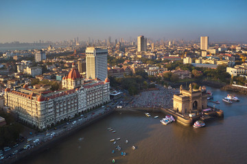 Mumbai ocean line and gate of India, aerial drone view