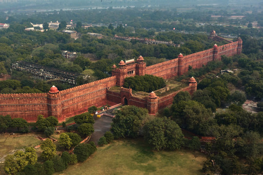 Red fort wall in New Delhi, India, aerial drone view