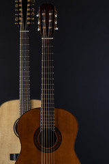 Obraz na płótnie Canvas Two acoustic guitars on a dark background with a gradient.