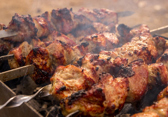 Obraz na płótnie Canvas Nice, tasty, closeup grilled meat shashlik