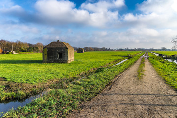 Remaining World War 2 bunkers in a winter polder landscape