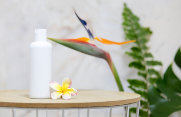 Table with clear white bottle and green palm leaves over marble wall.