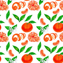 Mandarin with leaves and flowers. Seamless pattern.