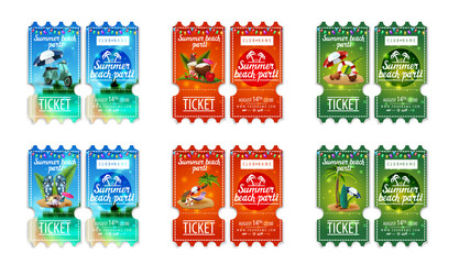 Summer beach party, large set colorful tickets to party with summer icons and garlands ready for print. Orange, blue and green summer beach party ticket isolated on white background
