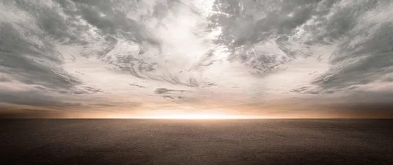 Fotobehang Dark Concrete Floor Background with Scenic Night Sky Horizon and Dramatic Clouds © Bernulius