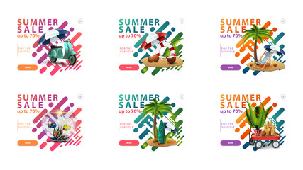 Fototapeta na wymiar Summer sale, up to 70% off, large collection clickable pop up banners in liquid modern style for your website with summer icons, colorful smooth liquid texture and buttons