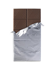 Chocolate bar with open foil, isolated on a white background.