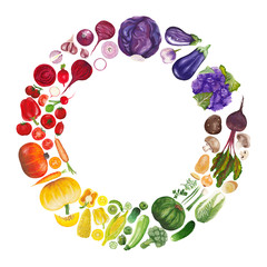 Round gradient frame from hand-drawn realistic vegetables isolated on white with place for text inside. Raster illustration of vegetables arranged by color