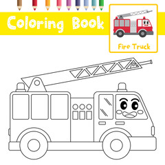 Coloring page Fire Truck cartoon character side view vector illustration