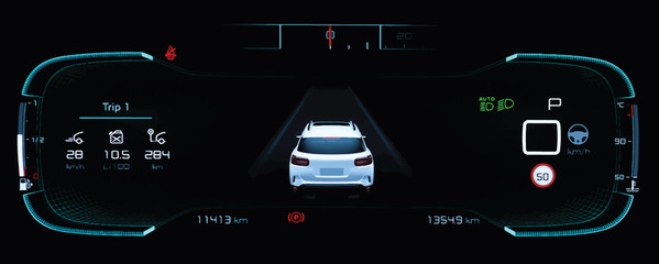 Illustration of car dashboard panel with speedometer, odometer, fuel gauge, car temperature gauge, brake system icon. Full digital instrument cluster in modern vehicle. All necessary data for driver.