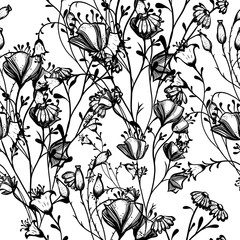 The seamless background is monochrome flowers. Vector illustration