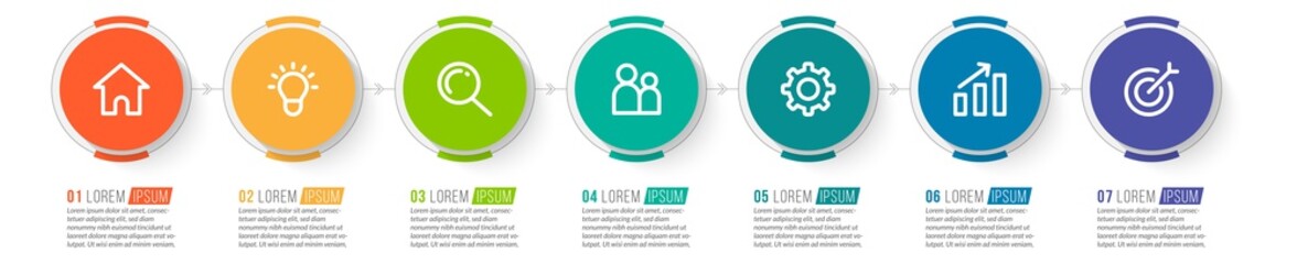 Minimal Business Infographics template. Timeline with 7 steps, options and marketing icons .Vector linear infographic with seven circle conected elements. Can be use for presentation.