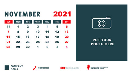 Calendar for November 2021. Week starts on Sunday. Calendar template design with Place for Photo and Company Logo. Vector illustration.