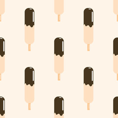 Pink ice cream on a wooden stick seamless pattern. Ice lolly in chocolate glaze backdrop.