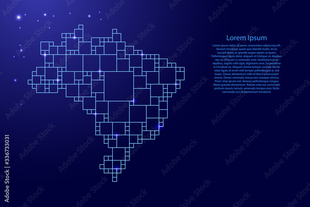 Poster brazil map from blue pattern from a grid of squares of different sizes and glowing space stars. vect