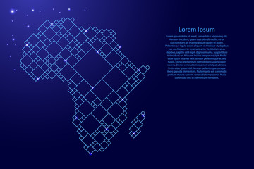 Africa mainland map from blue pattern from a grid of squares of different sizes and glowing space stars. Vector illustration.