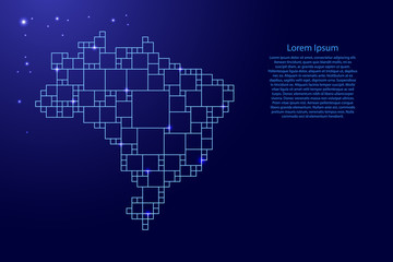 Brazil map from blue pattern from a grid of squares of different sizes and glowing space stars. Vector illustration.