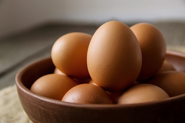 eggs in a clay plate close-up. Natural rustic products.