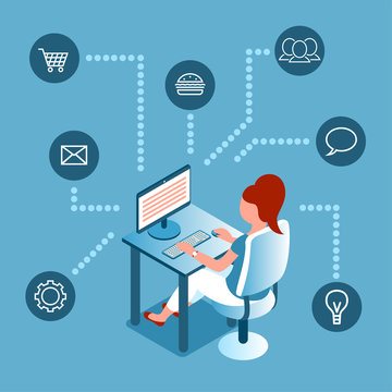 The girl works remotely on the Internet on a laptop. Sending emails, purchases, food orders, information retrieval. Vector isometric illustration on a blue background.