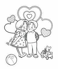 Cute picture with lovely couple. Girl in red dress kissing in a cheek the boy with toy car and bear. Page of coloring book for children. Romantic vector illustration isolated on white background.