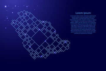 Saudi Arabia map from blue pattern from a grid of squares of different sizes and glowing space stars. Vector illustration.