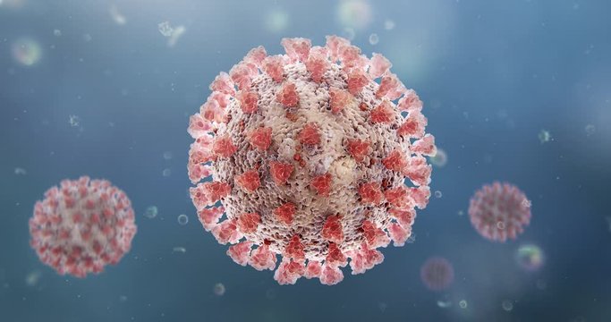 Microscopic view of Coronavirus COVID-19 (2019-nCoV) Visualization equal to Influenza, Flu or SARS. High quality realistic medical 3d rendering illustration animation for background in 4K and HD.