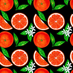 Orange fruit with green leaves and flowers on a black background. Seamless pattern.