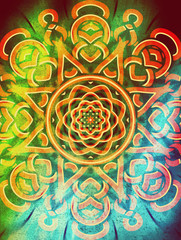 Mandala wallpaper, tracery round boho style. Ethnic ornament background. Folk, meditation design. Colored curved shape.
