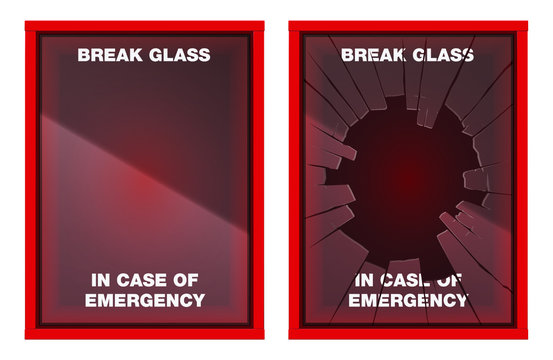 A vector illustration of an empty red emergency box with an in case of emergency breakable glass on the front - fixed and broken