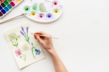 Painting. Female hands draw flowers on white background top-down copy space
