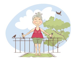 Obraz na płótnie Canvas Individual exercise on the balcony. Elderly woman doing gymnastics without leaving home., vector illustration. 
