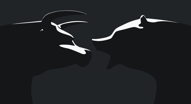 A vector illustration of two castings depicting a stylized bull opposing a bear in dramatic light representing  financial market trends on an dark background
