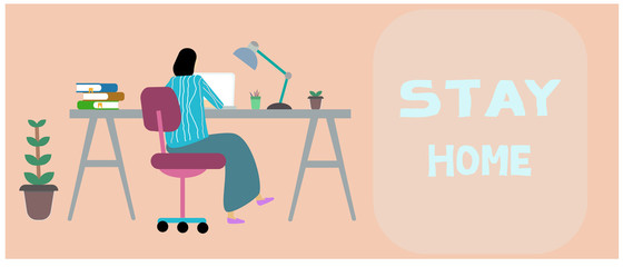 vector illustration.woman work at home with laptop on the table.The future of online education or social media.