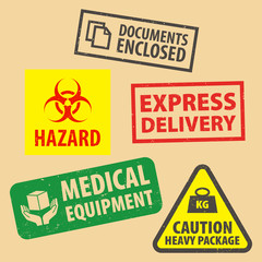 Set of fragile sticker Express Delivery icon packaging symbols sign, Heavy package rubber stamp on cardboard background, vector illustration. Use on package. EPS10.