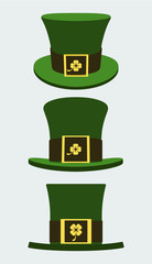 A vector illustration of a green leprechaun hat with a brown leather band emblazened with a gold shamrock and buckle