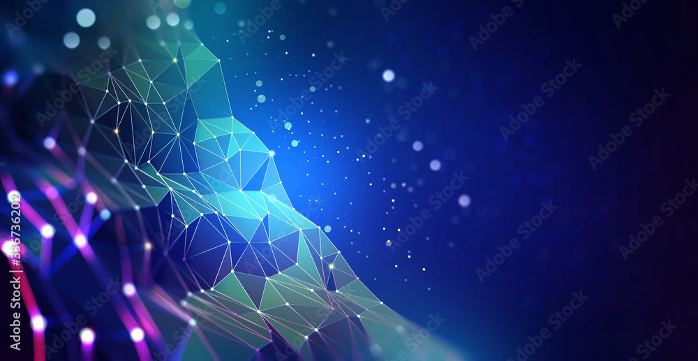 Poster Global cyber network and cloud technology. Blockchain and database security 3D illustration. Polygonal Grid and Digital Cyberspace