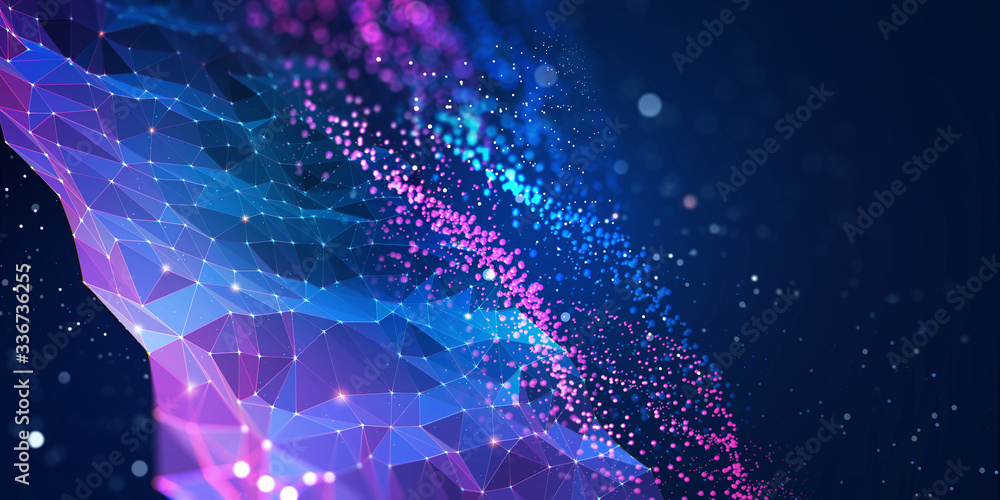 Poster Abstract neural network. Big data concept. Global database and artificial intelligence. Bright, colorful 3D illustration with bokeh effect