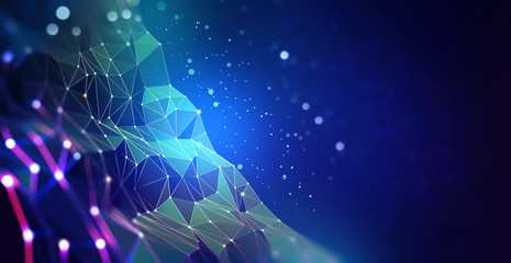 Global cyber network and cloud technology. Blockchain and database security 3D illustration. Polygonal Grid and Digital Cyberspace