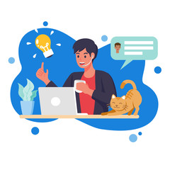 Young businessman working at living spaces with cozy dress and his cat. Study or work at home by internet and video conference are useful in the spread of coronavirus (covid-19) infection period.