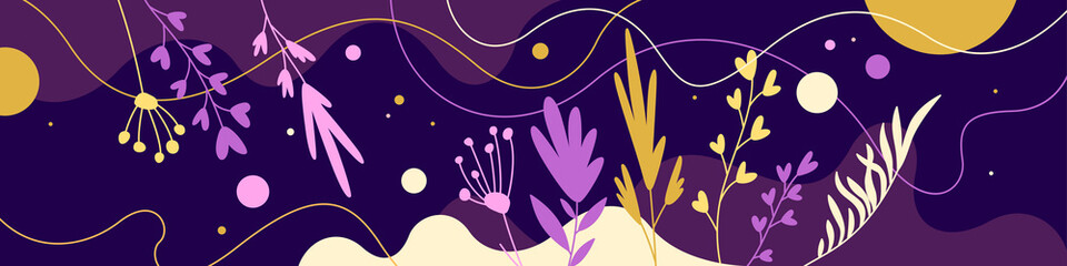 Bright background with geometric shapes and tropical leaves.