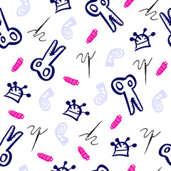 Needlework accessories - needle, thread, scissors, seamless patterns