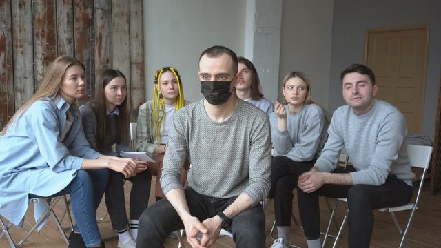 Portrait of sick, ill caucasian man suffering from coronavirus. Young man wear protective medical mask. Quarantine all over the world. health, virus, sickness, coronavirus, COVID-19 disease concept.