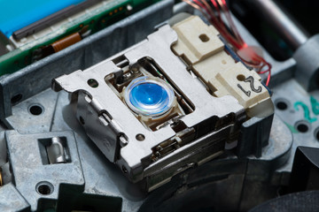 laser lens of the dvd player close up with a large depth of field