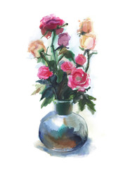 Bouquet of roses in a vase. Watercolor drawing isolated on white background.