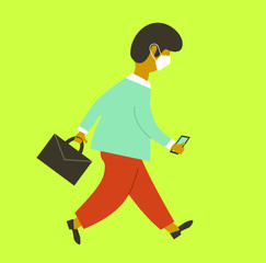 Vector image of workman with briefcase and mobile phone. Illustration of man in mask.
