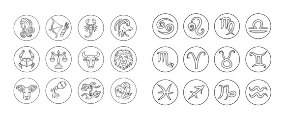 Zodiac signs black line icons set. Astrology. Horoscope. All zodiac signs and elements. Predictions and human character. UI UX GUI design element. Editable stroke.