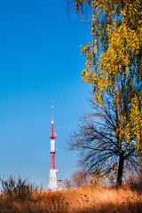 Obraz premium Radar station with tower among colorful autumn nature. Lysa Hora, Kiev, Ukraine