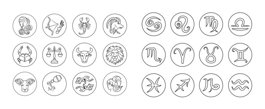 Zodiac signs black line icons set. Astrology. Horoscope. All zodiac signs and elements. Predictions and human character. UI UX GUI design element. Editable stroke.