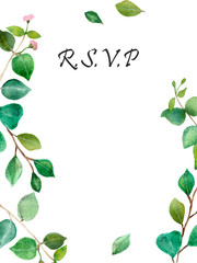 Watercolor hand painted nature wedding frame composition with green eucalyptus leaves on branch and pink flower buds with rsvp text on the white background for invitations with the space for text