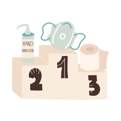 Victory honor podium with Deficit quarantine winners - Face medical mask, hand sanitizer antibacterial gel, loo roll. Fun hand drawn corona virus pandemic most wanted goods concept. style.